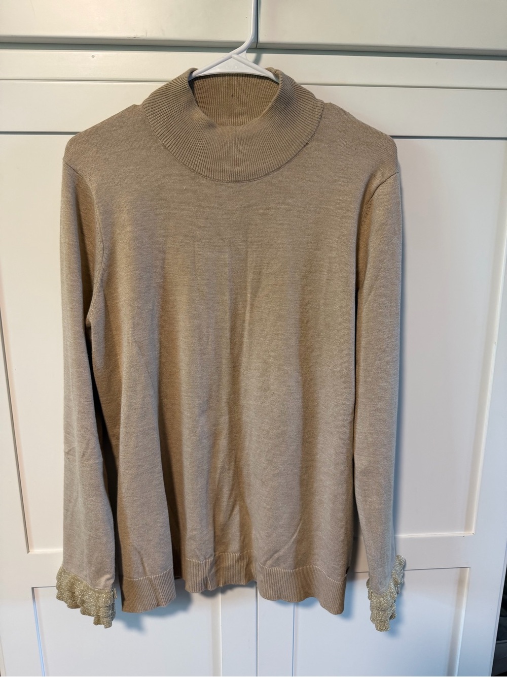 Calvin Klein Beige Holiday Cowl Neck Sweater with Ruffle Cuffs